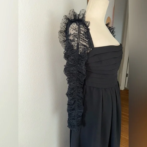SELF-PORTRAITRuffled black Dotted Tulle And Crepe Midi women’s dress size 6